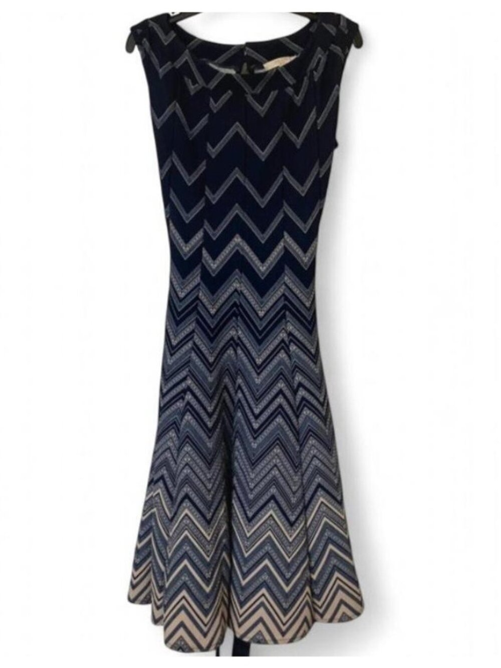 Haani Blue White Chevron V-Neck Sleeveless A-Line Midi Dress Petite PS Stretch